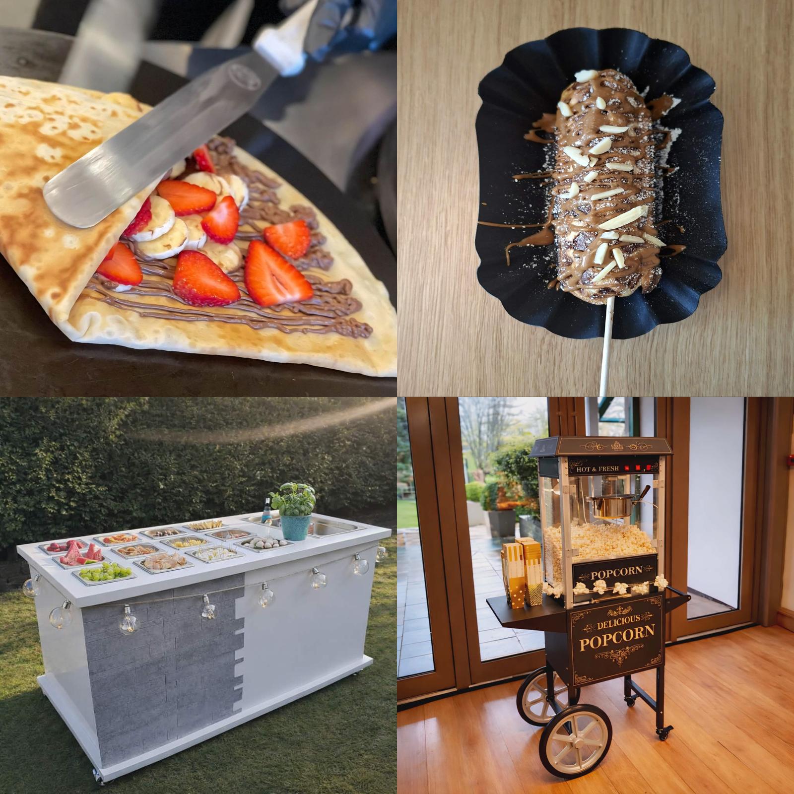 Mobilny catering eventowy- naleśniki, corndogi na słodko, popcorn, stół śródziemnomorskich przekąsek, zestaw dart